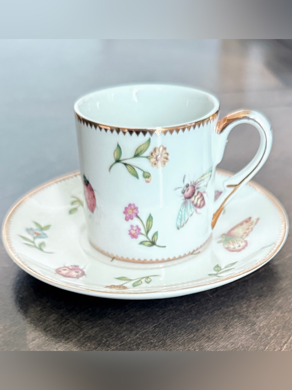Vtg I. Godinger & Co. Primavera Espresso Cup & Saucer Set Cottagecore Gold Trim
